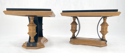 Pair Solid Oak Bases Etched Patterns 3/4" Slate Top Rectangle End Side Table