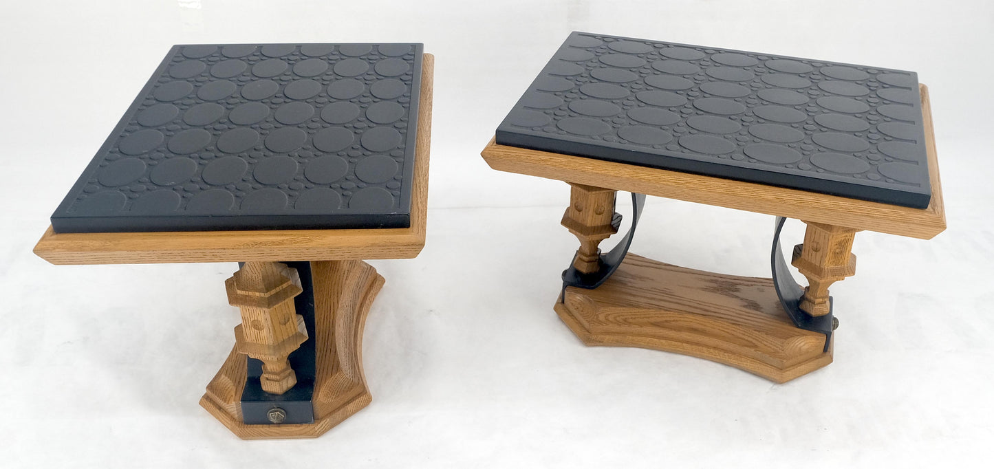 Pair Solid Oak Bases Etched Patterns 3/4" Slate Top Rectangle End Side Table