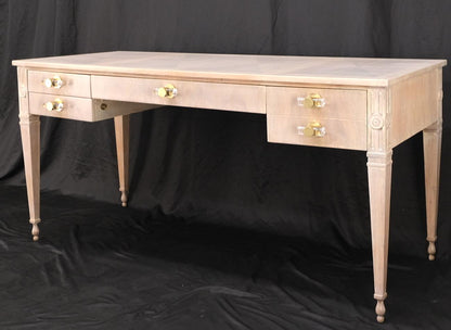 Baker Bleached Walnut Lucite & Brass Pulls 4 Drawer Low Profile Desk Console