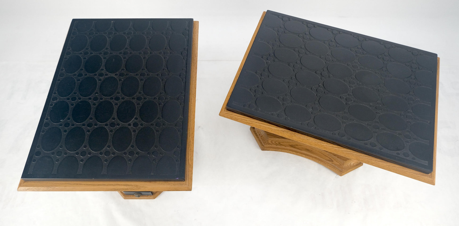 Pair Solid Oak Bases Etched Patterns 3/4" Slate Top Rectangle End Side Table