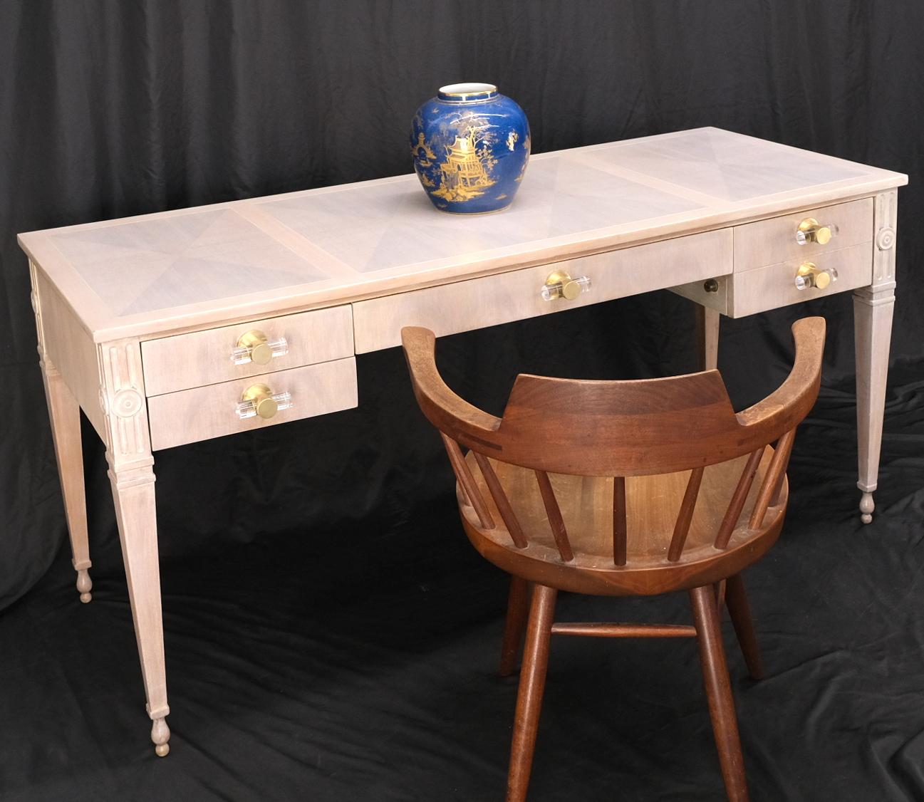 Baker Bleached Walnut Lucite & Brass Pulls 4 Drawer Low Profile Desk Console