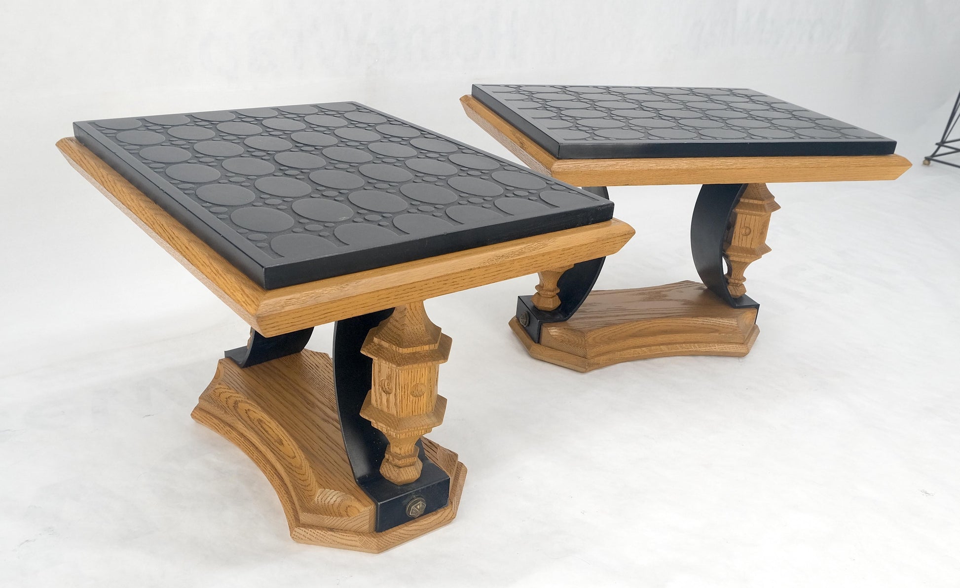 Pair Solid Oak Bases Etched Patterns 3/4" Slate Top Rectangle End Side Table