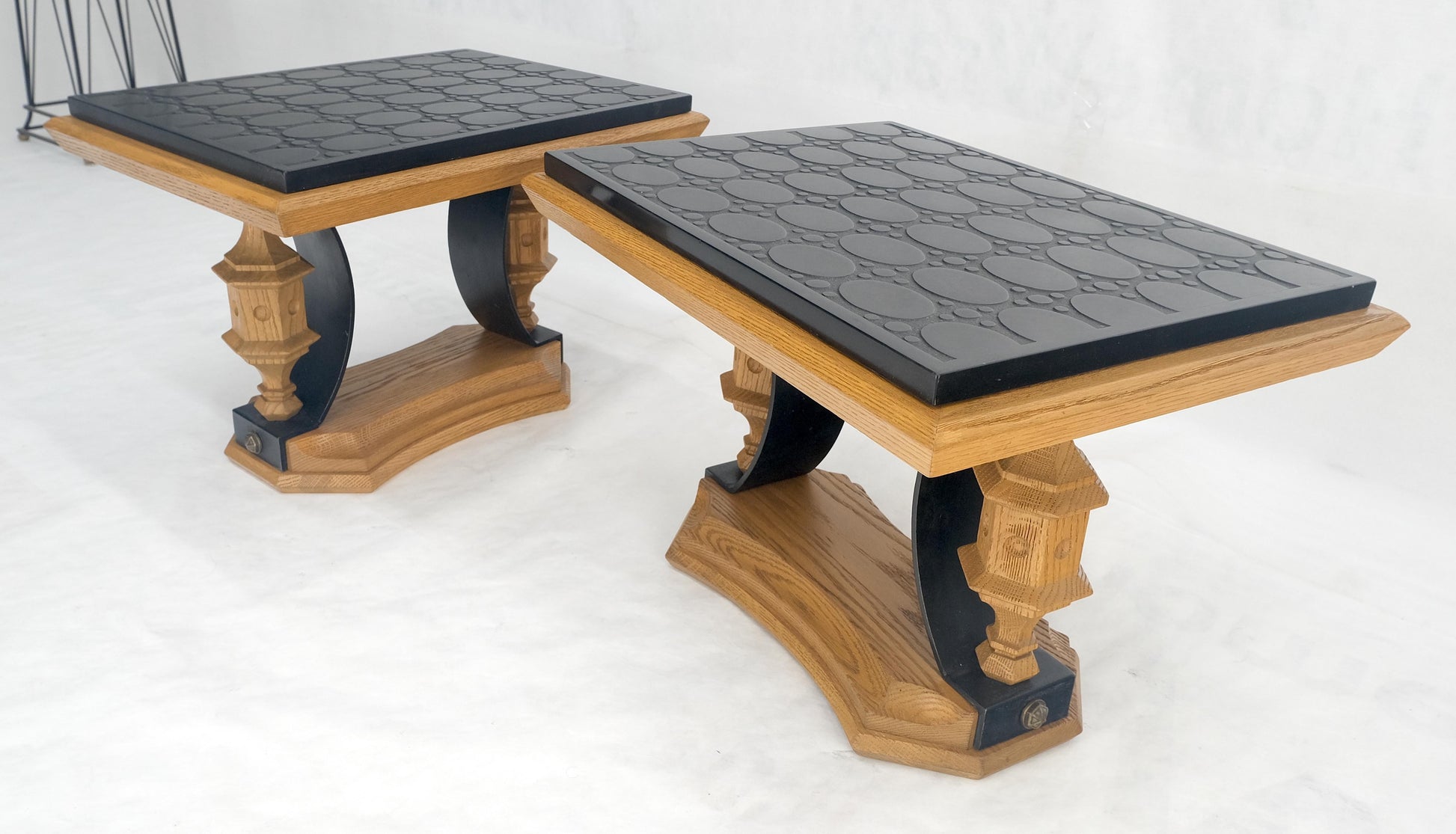 Pair Solid Oak Bases Etched Patterns 3/4" Slate Top Rectangle End Side Table