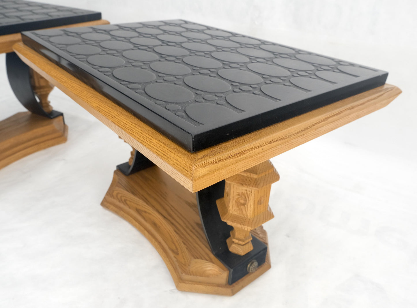 Pair Solid Oak Bases Etched Patterns 3/4" Slate Top Rectangle End Side Table