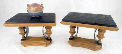 Pair Solid Oak Bases Etched Patterns 3/4" Slate Top Rectangle End Side Table