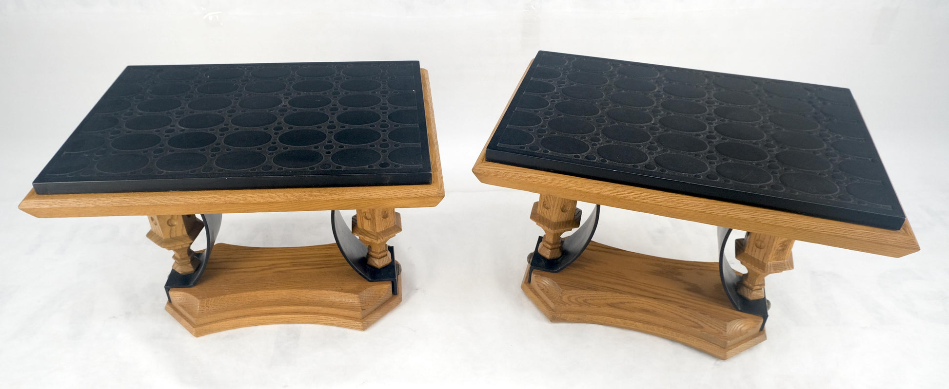 Pair Solid Oak Bases Etched Patterns 3/4" Slate Top Rectangle End Side Table