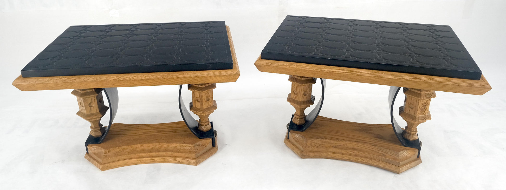 Pair Solid Oak Bases Etched Patterns 3/4" Slate Top Rectangle End Side Table