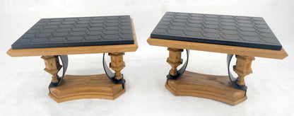 Pair Solid Oak Bases Etched Patterns 3/4" Slate Top Rectangle End Side Table