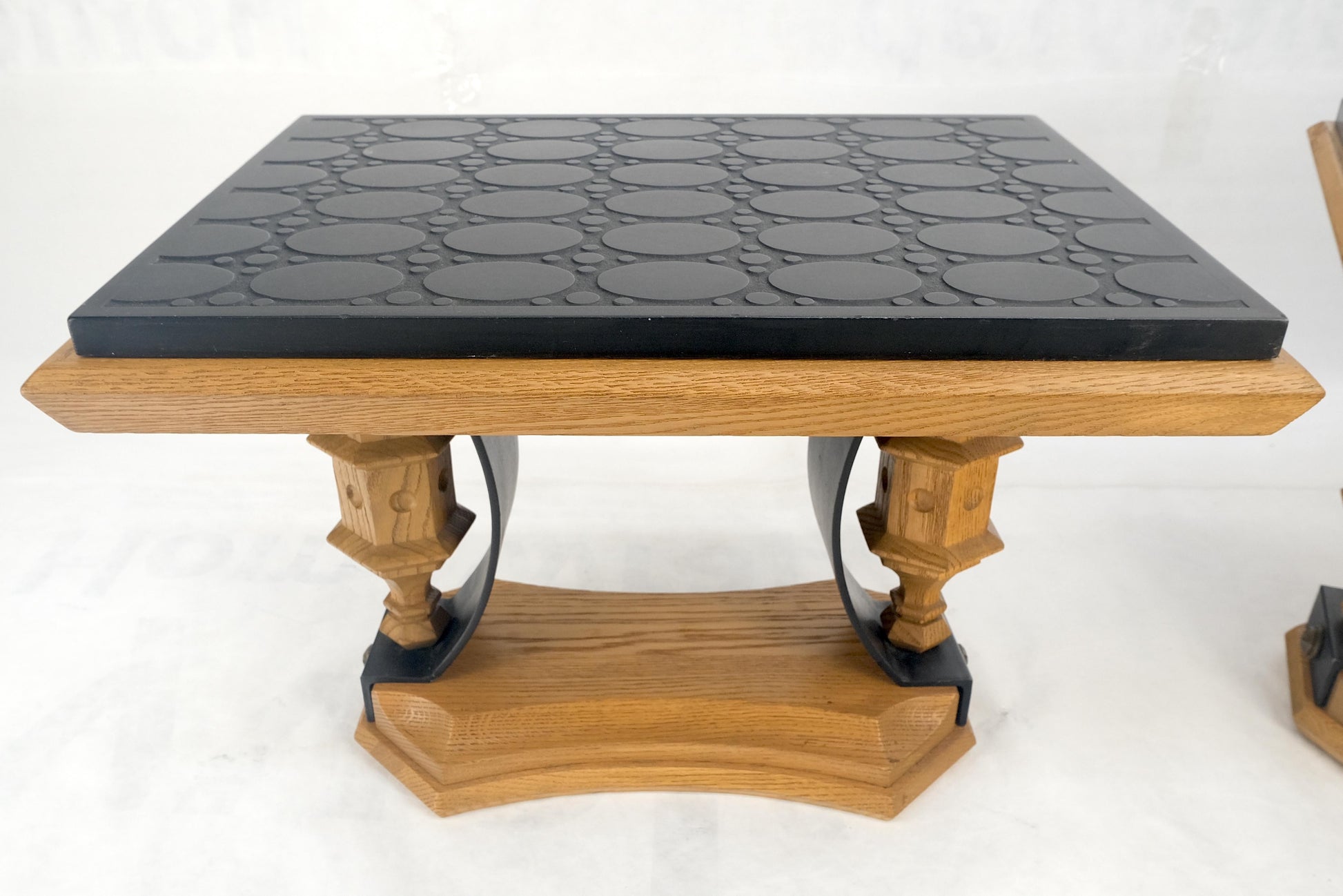 Pair Solid Oak Bases Etched Patterns 3/4" Slate Top Rectangle End Side Table