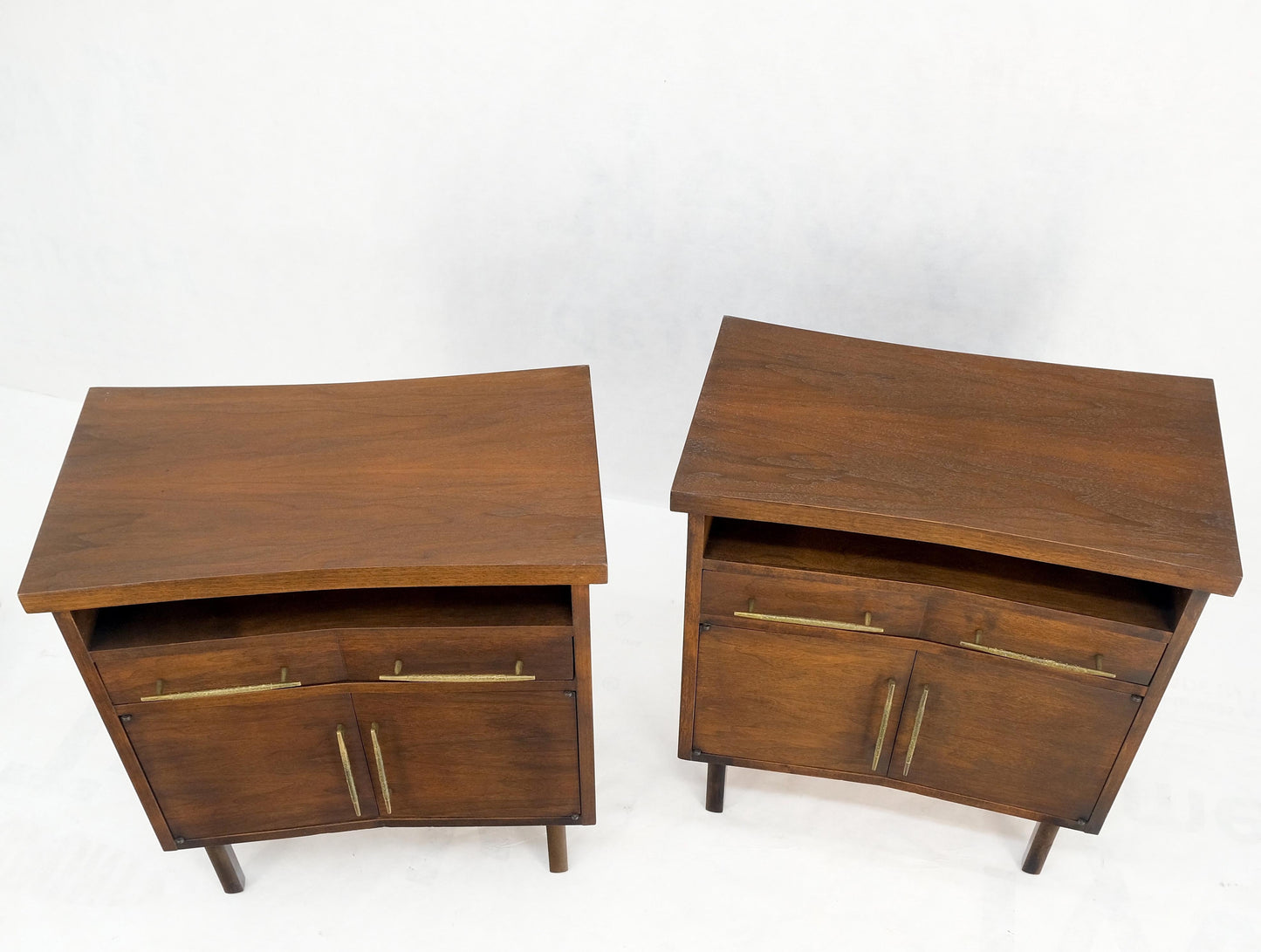 Pair of Walnut Solid Brass Pulls Mid-Century Modern Nightstands Cabinets MINT!