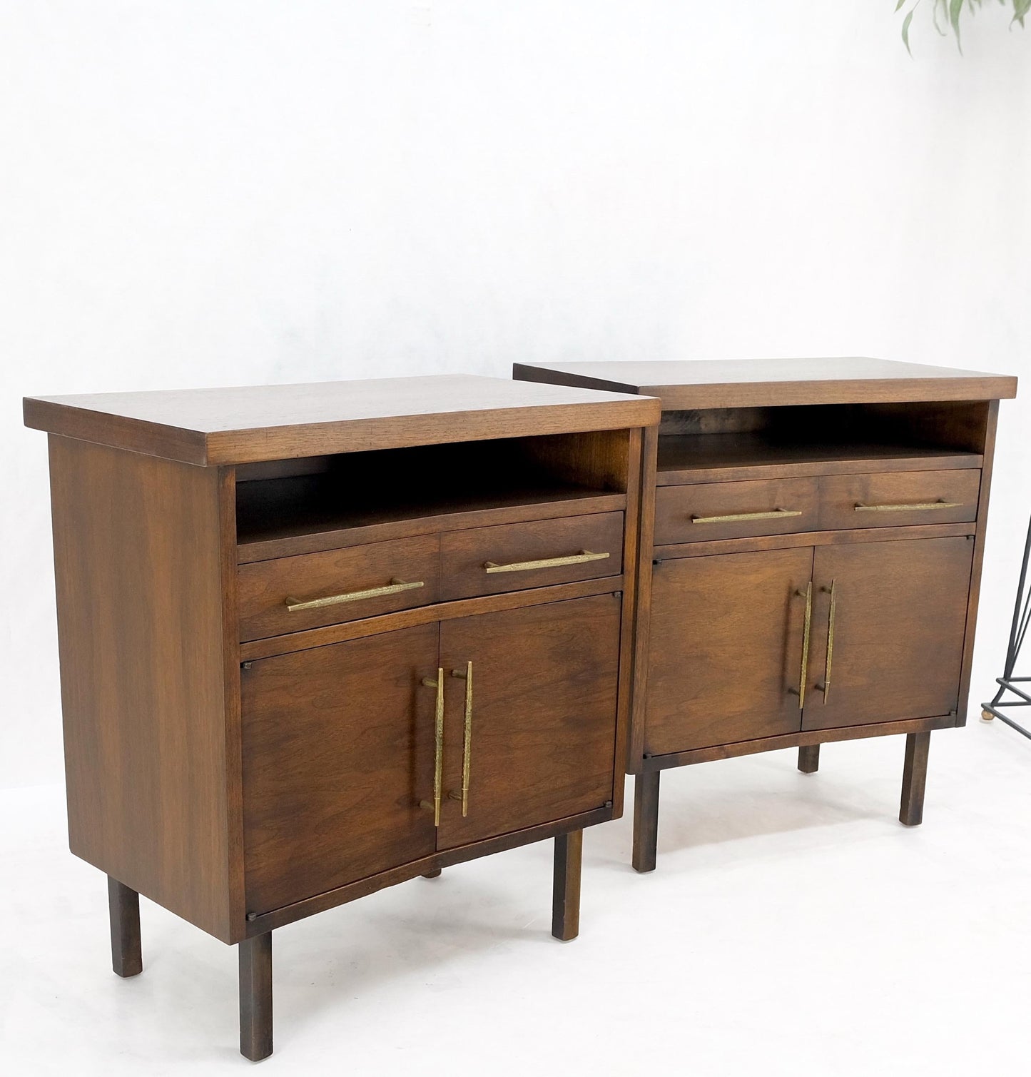 Pair of Walnut Solid Brass Pulls Mid-Century Modern Nightstands Cabinets MINT!