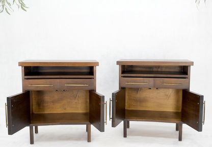 Pair of Walnut Solid Brass Pulls Mid-Century Modern Nightstands Cabinets MINT!