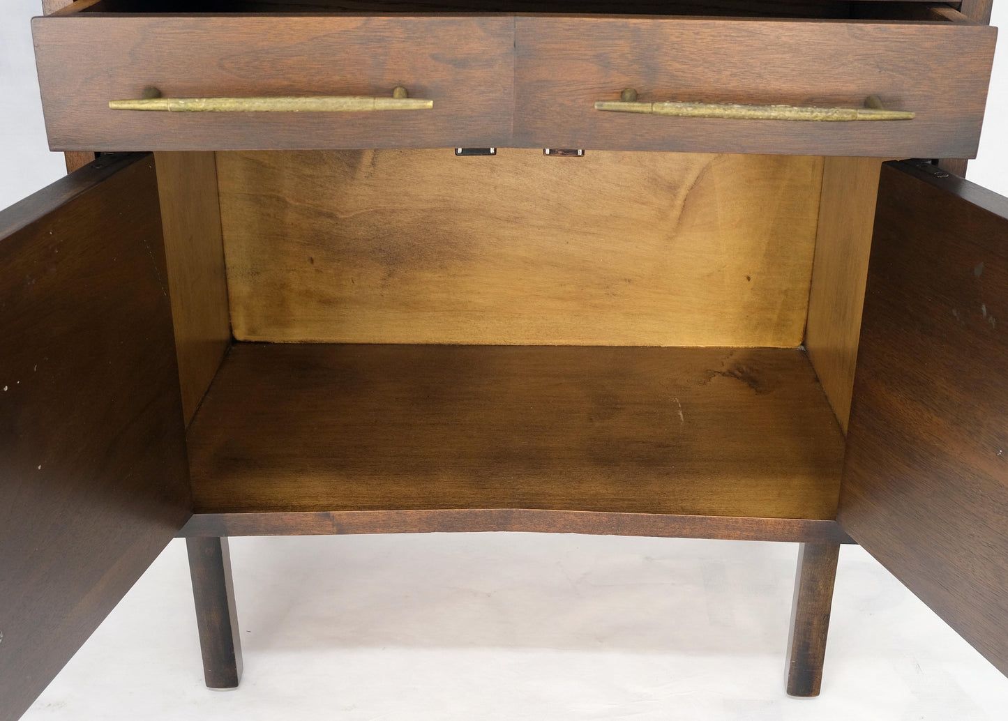 Pair of Walnut Solid Brass Pulls Mid-Century Modern Nightstands Cabinets MINT!