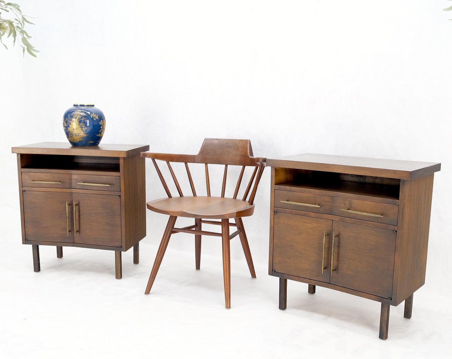 Pair of Walnut Solid Brass Pulls Mid-Century Modern Nightstands Cabinets MINT!