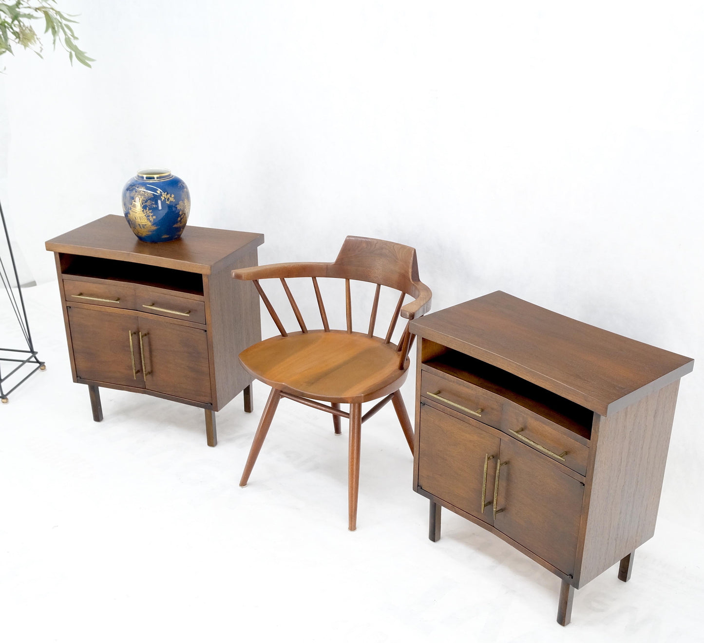 Pair of Walnut Solid Brass Pulls Mid-Century Modern Nightstands Cabinets MINT!