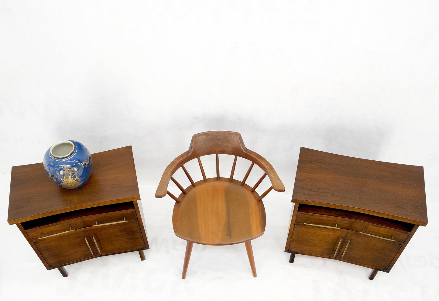 Pair of Walnut Solid Brass Pulls Mid-Century Modern Nightstands Cabinets MINT!