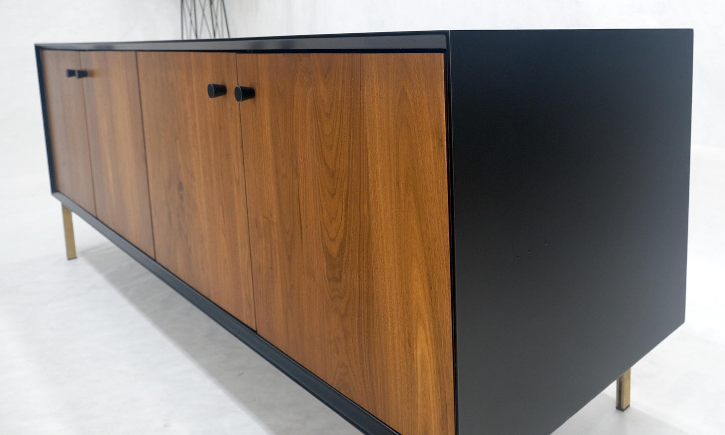 Black Lacquer Walnut Brass Legs 77" Mid Century Modern Long Vintage Credenza