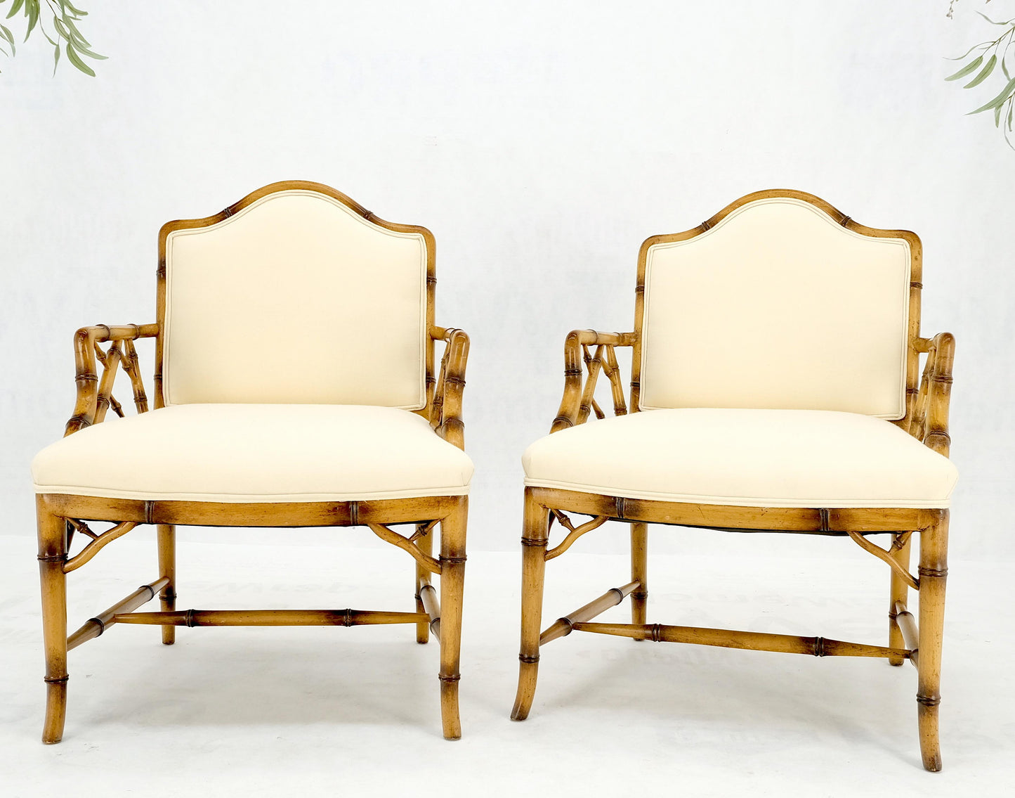 Pair Faux Bamboo New Virgin Wool Upholstery Lounge Arm Fire Side Chairs MINT!