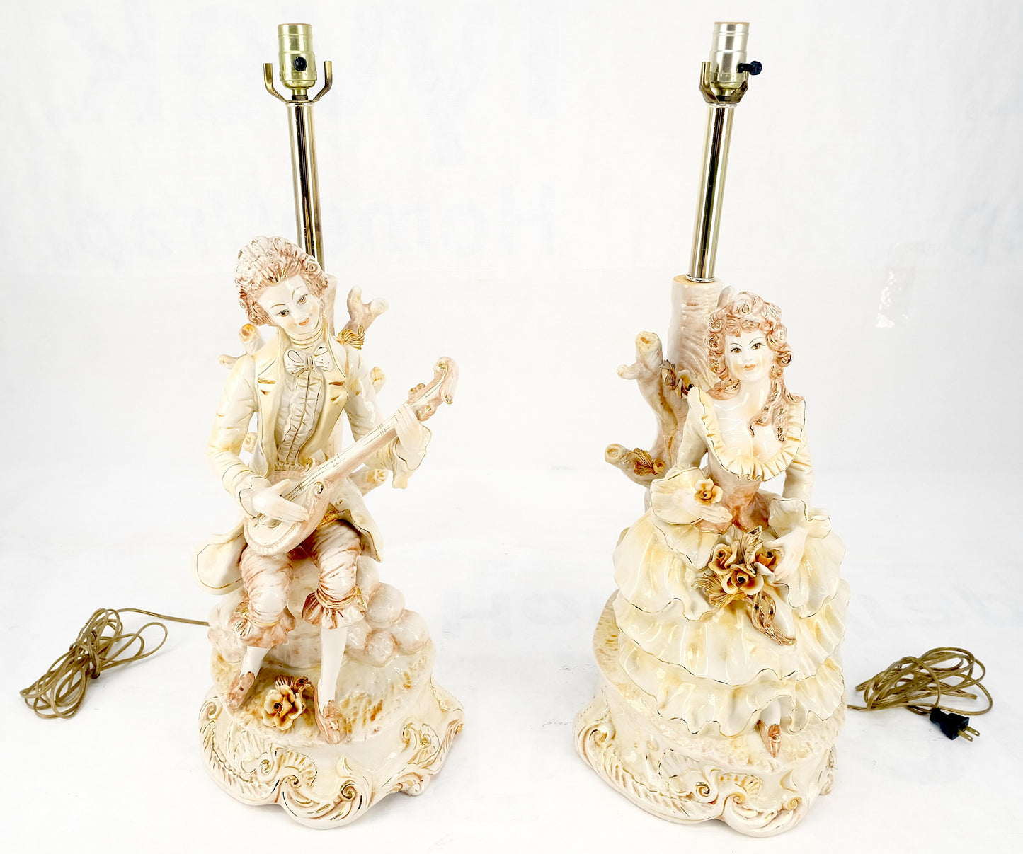 Pair Large 28"h Porcelain Ceramic Figural Table Lamps Man Woman Playing Guitar