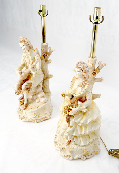 Pair Large 28"h Porcelain Ceramic Figural Table Lamps Man Woman Playing Guitar