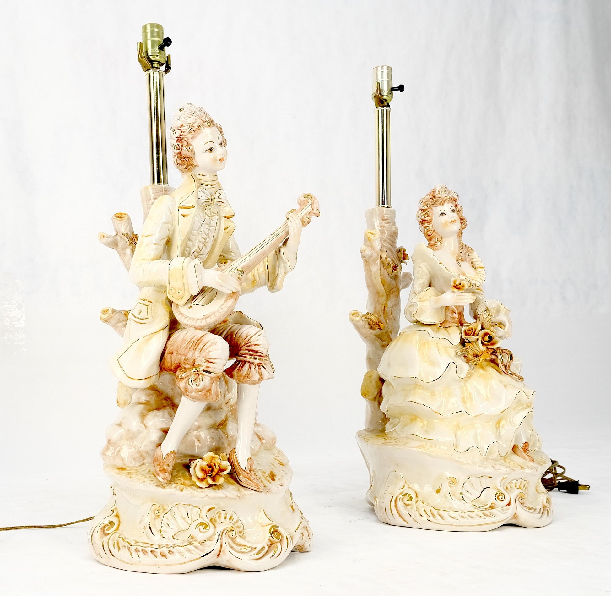 Pair Large 28"h Porcelain Ceramic Figural Table Lamps Man Woman Playing Guitar