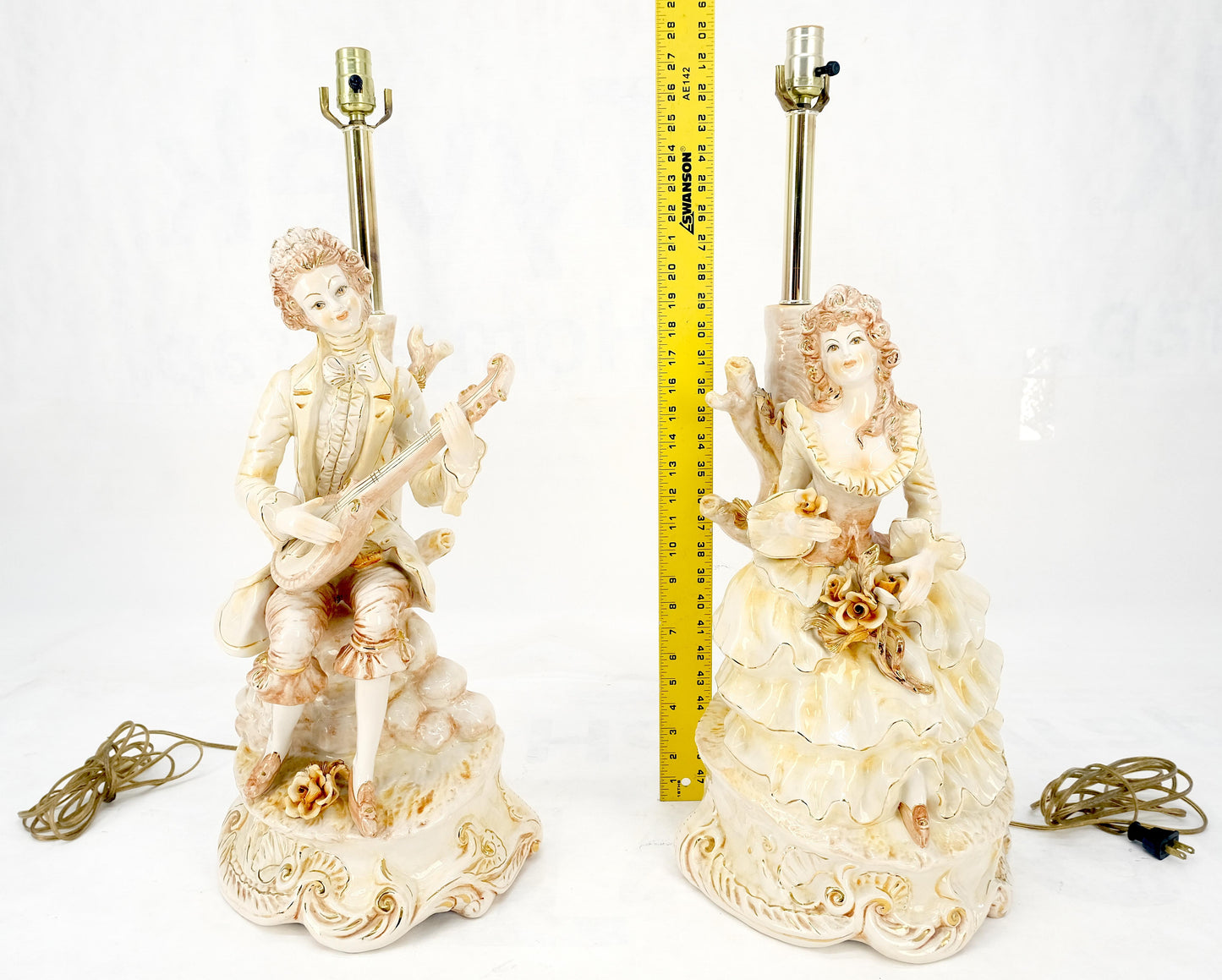 Pair Large 28"h Porcelain Ceramic Figural Table Lamps Man Woman Playing Guitar