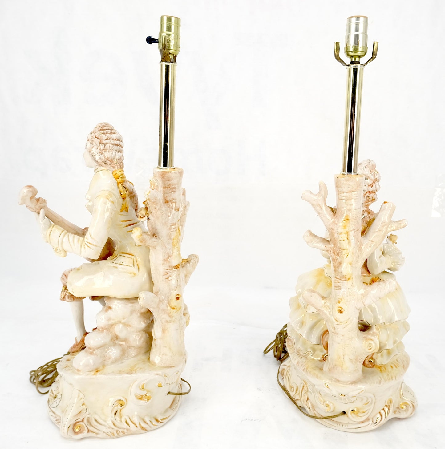 Pair Large 28"h Porcelain Ceramic Figural Table Lamps Man Woman Playing Guitar