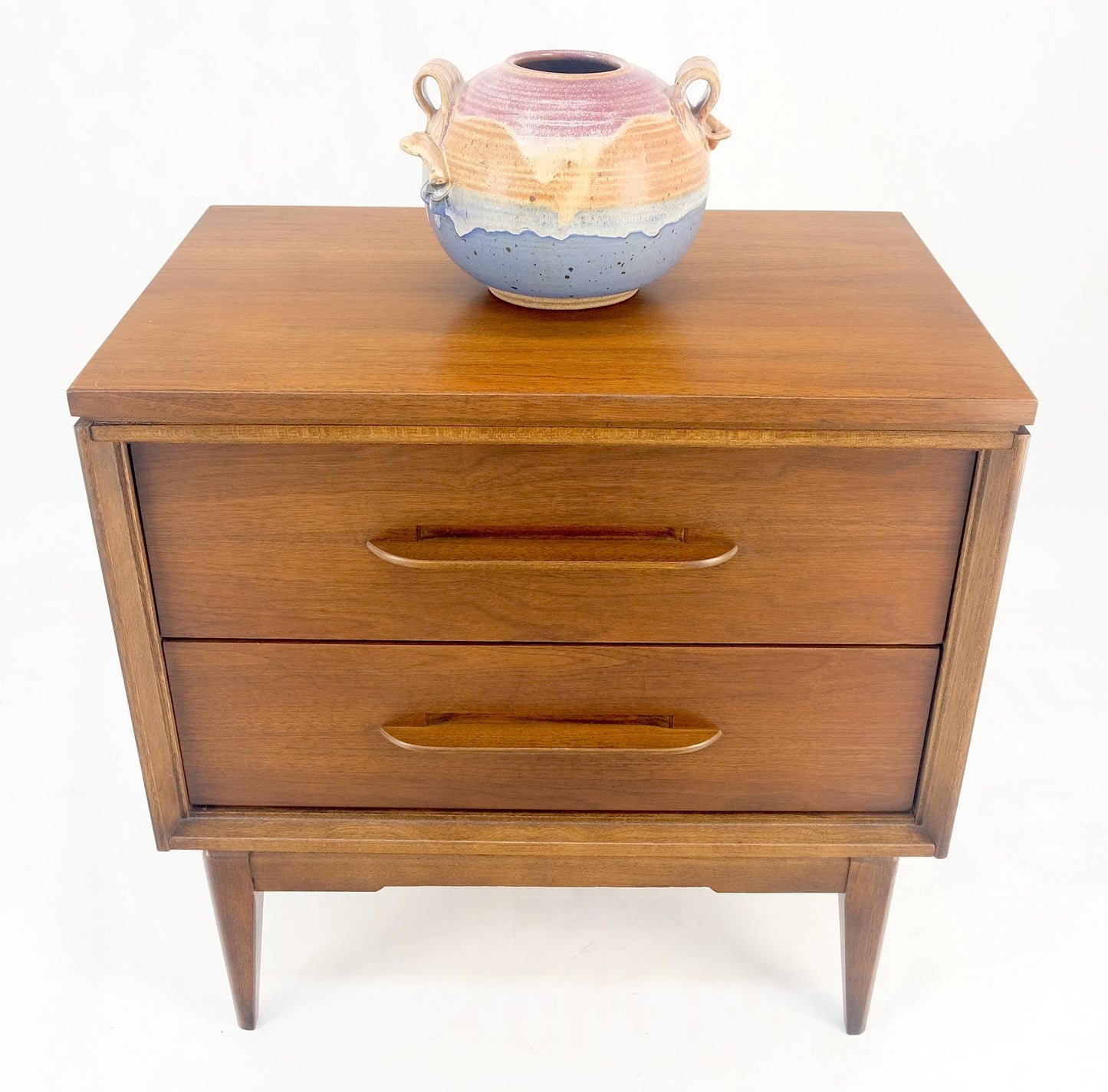 Two Drawer American Oiled Walnut Sculpted Wood Pulls Night Stand Cabinet MINT!