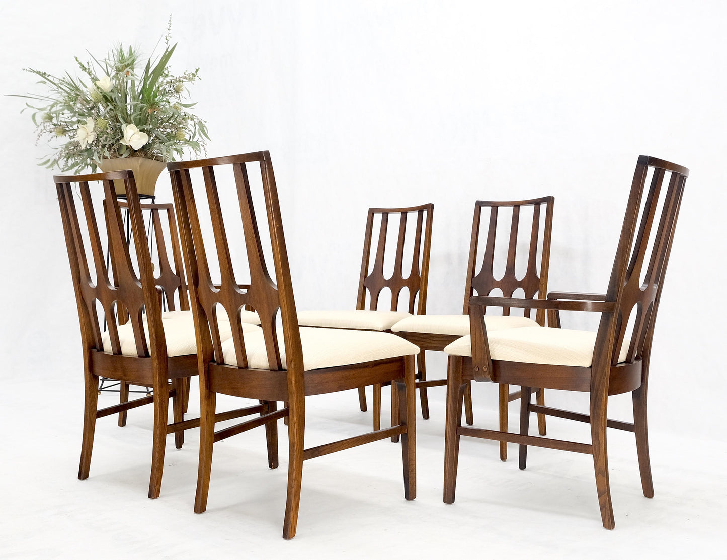 Set of 6 Mid-Century Modern New Linen Upholstery Walnut Dining Chairs Mint!