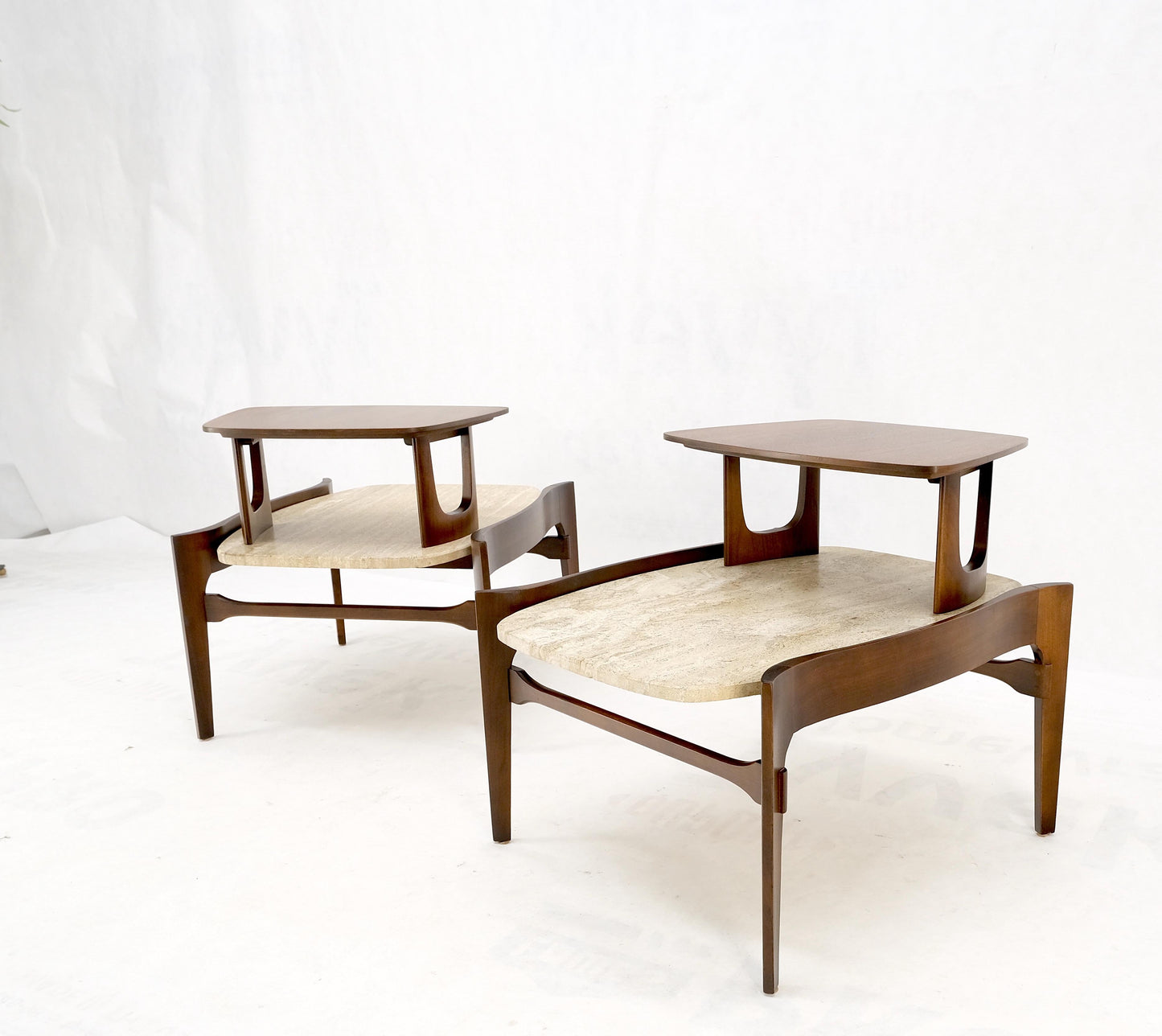 Pair Sculptural 1970s Walnut Travertine Tops Step Side End Tables Singer Sons