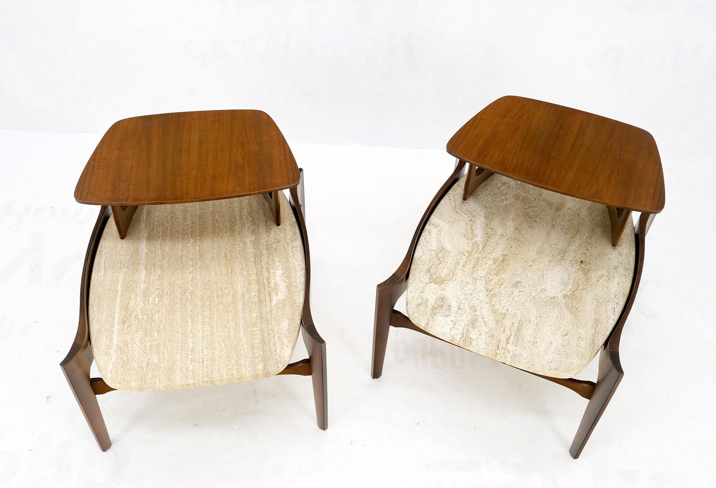 Pair Sculptural 1970s Walnut Travertine Tops Step Side End Tables Singer Sons