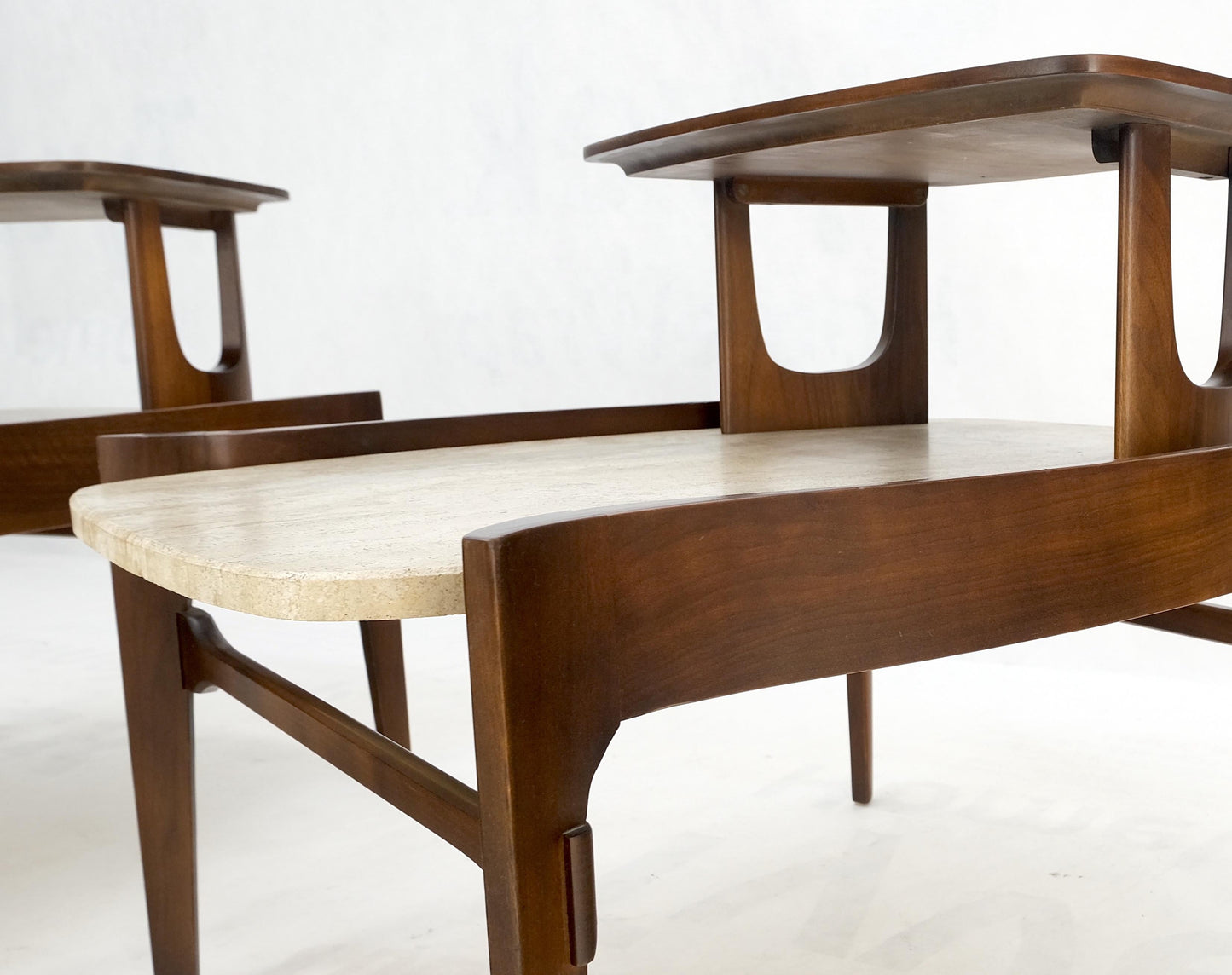 Pair Sculptural 1970s Walnut Travertine Tops Step Side End Tables Singer Sons