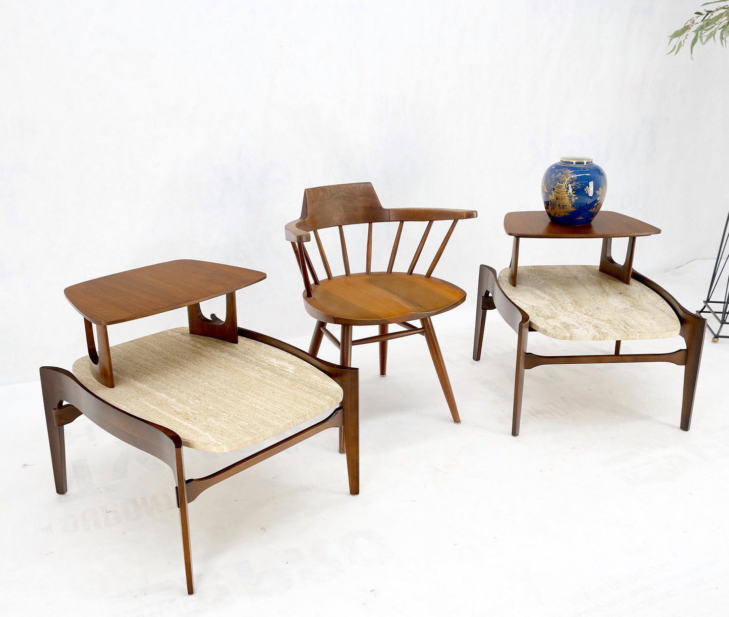 Pair Sculptural 1970s Walnut Travertine Tops Step Side End Tables Singer Sons