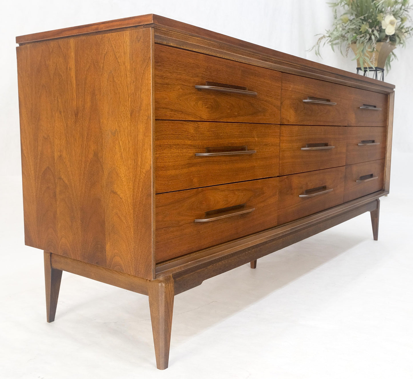 American Light Oiled Walnut 9 Drawers  Sculptured Pull 66" Long Dresser Credenza