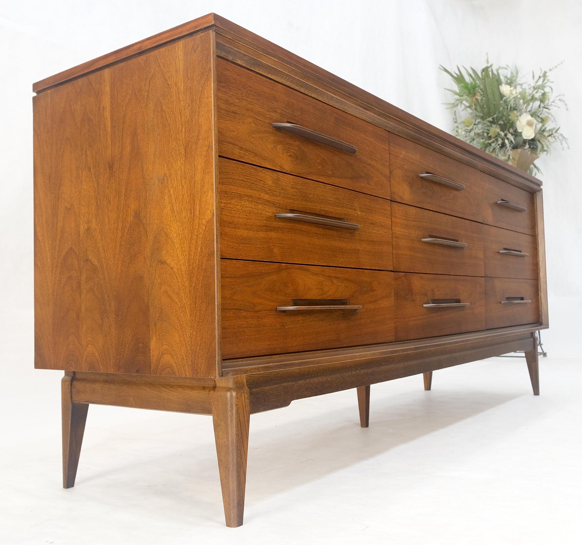 American Light Oiled Walnut 9 Drawers  Sculptured Pull 66" Long Dresser Credenza