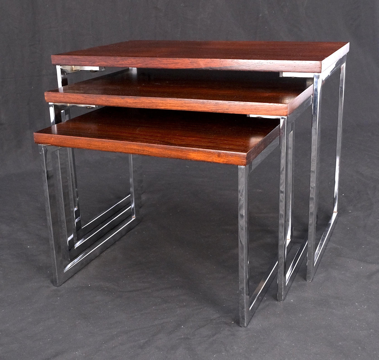 Rosewood Tops Chrome Base Mid Century Modern Set of 3 Nesting Side End Tables