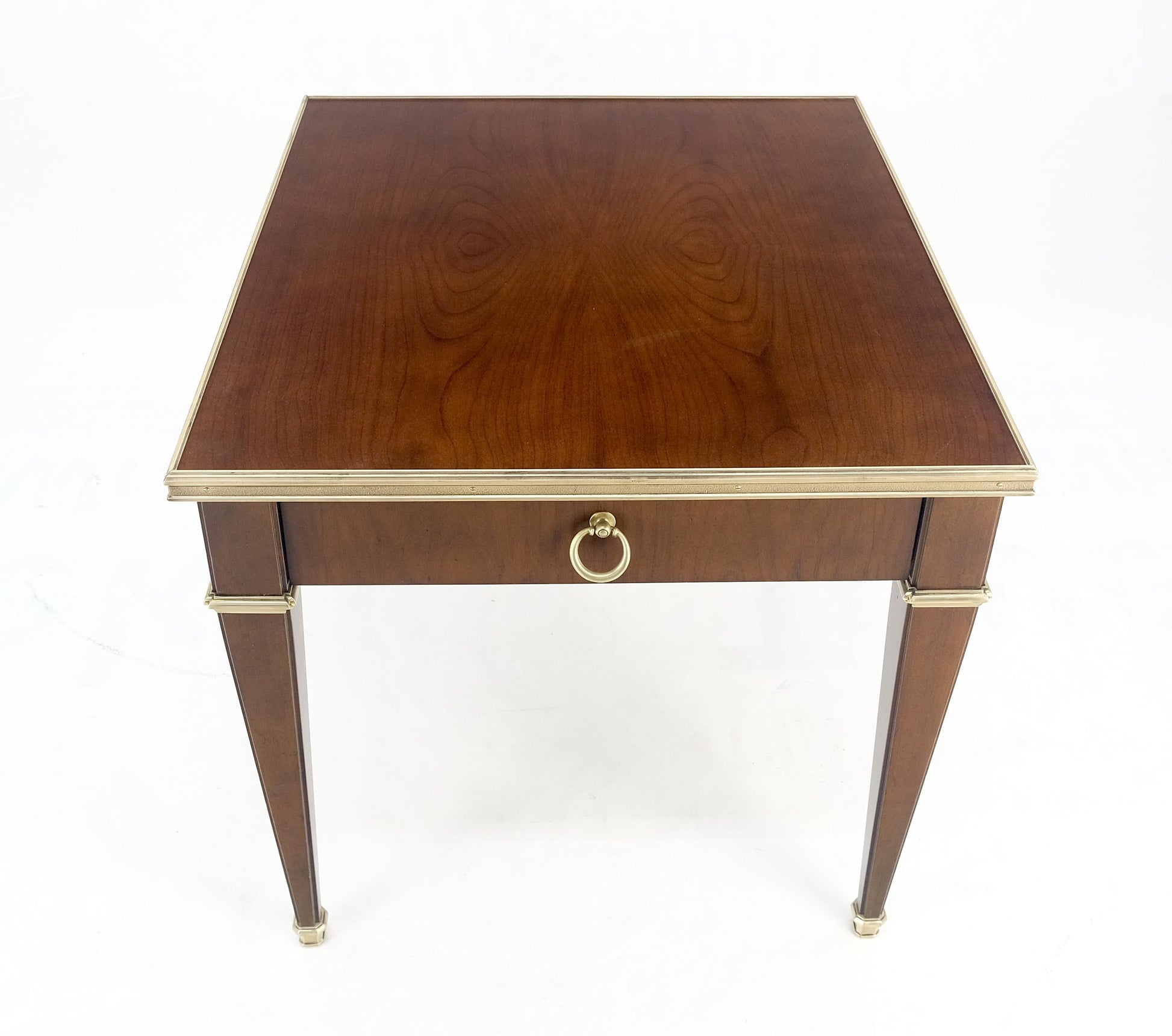 Baker Walnut & Brass Ring Drop Pull One Drawer Tapered Leg Side End Table MINT!