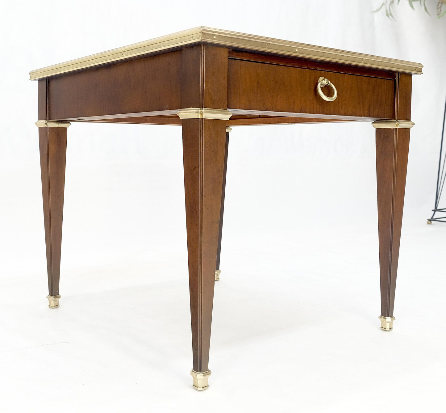 Baker Walnut & Brass Ring Drop Pull One Drawer Tapered Leg Side End Table MINT!