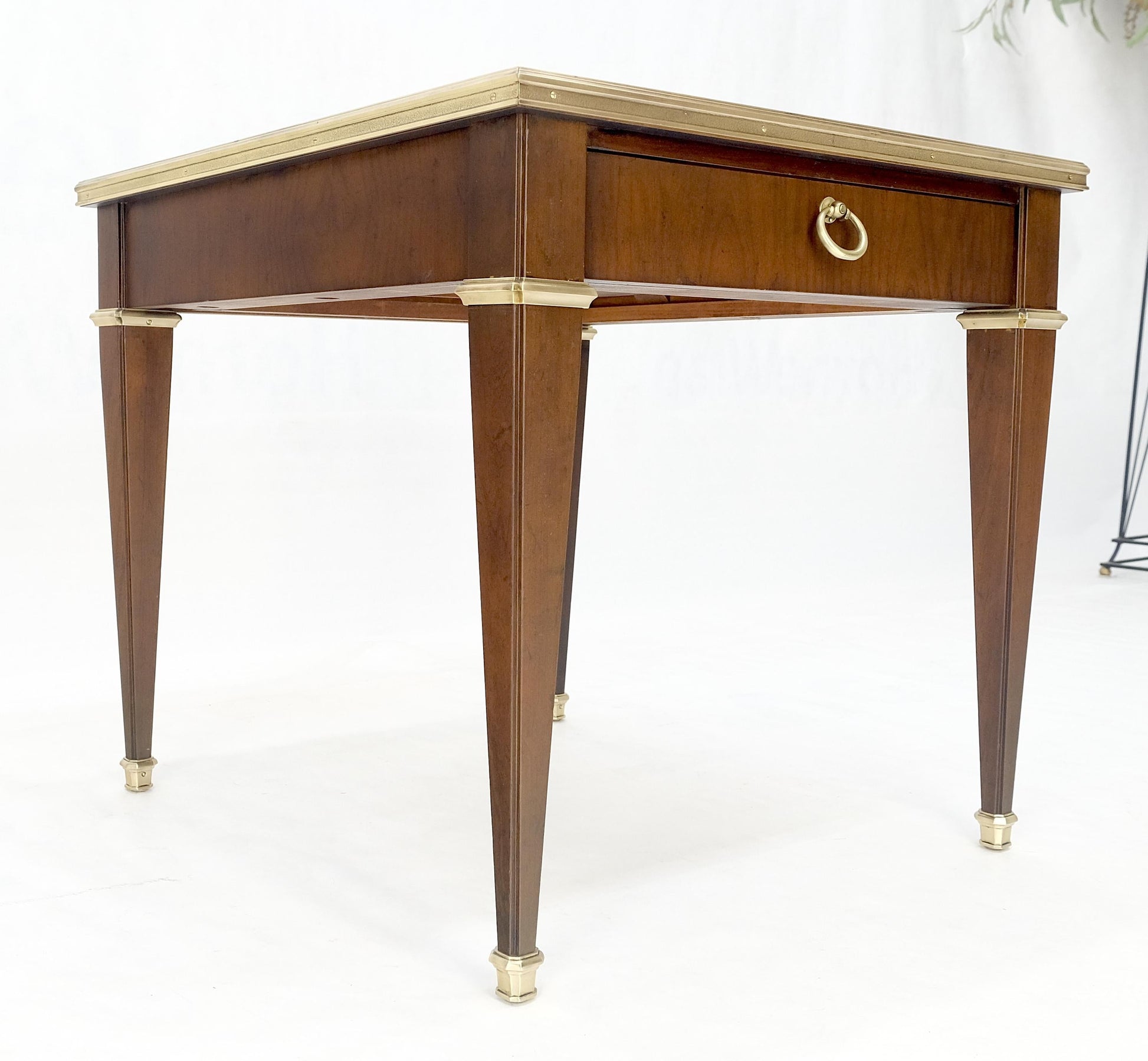 Baker Walnut & Brass Ring Drop Pull One Drawer Tapered Leg Side End Table MINT!