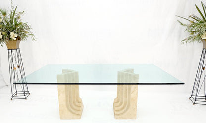 Large Oversize Wide Rectangle Shape Glass Top Travertine Dining Conference Table