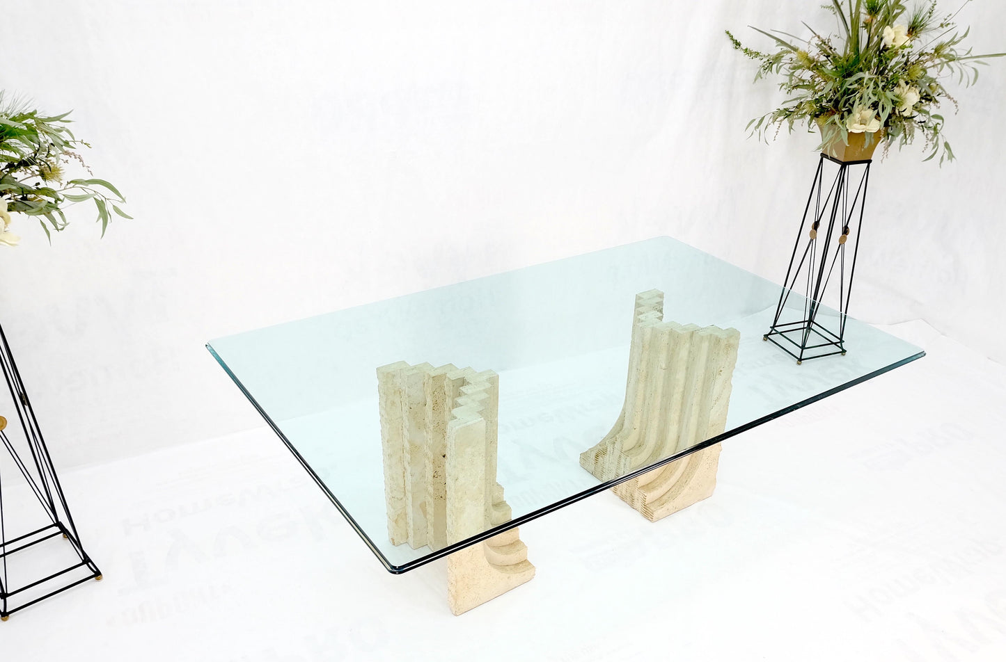 Large Oversize Wide Rectangle Shape Glass Top Travertine Dining Conference Table