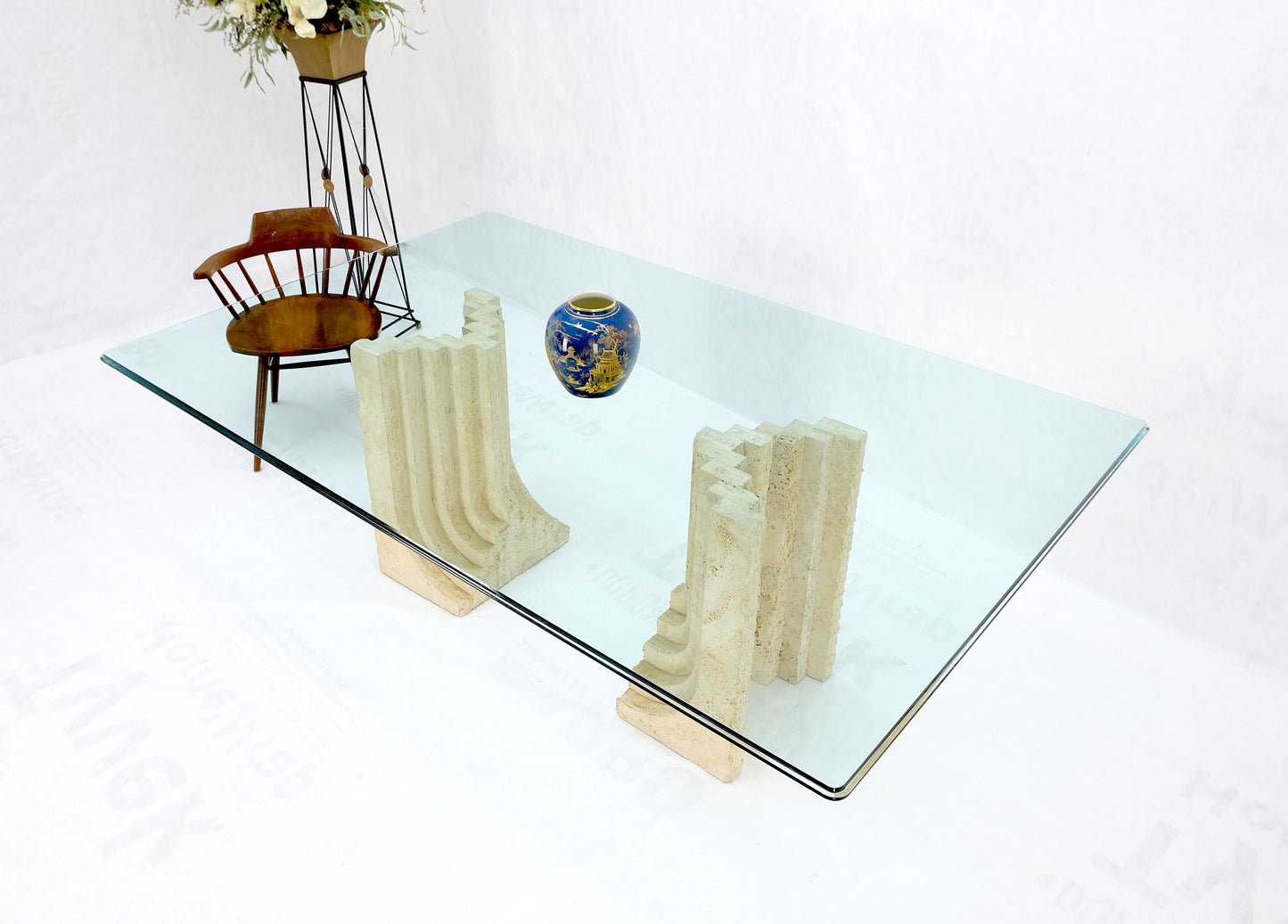 Large Oversize Wide Rectangle Shape Glass Top Travertine Dining Conference Table