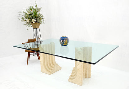 Large Oversize Wide Rectangle Shape Glass Top Travertine Dining Conference Table