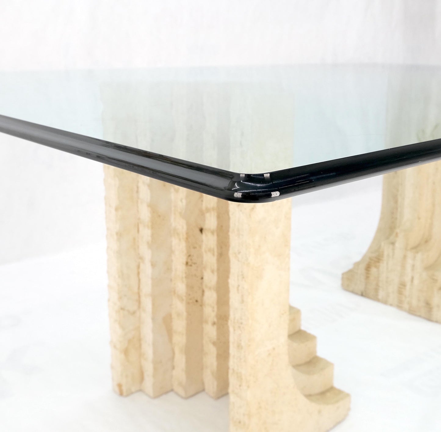 Large Oversize Wide Rectangle Shape Glass Top Travertine Dining Conference Table