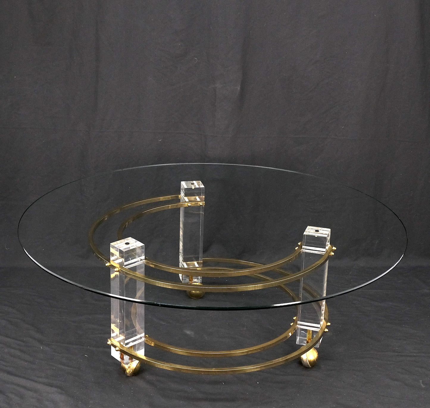 Polished Brass & Lucite Base Round Midcentury Coffee Table on Wheels Mint!