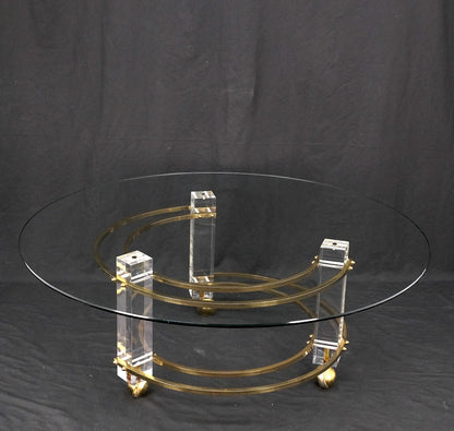 Polished Brass & Lucite Base Round Midcentury Coffee Table on Wheels Mint!