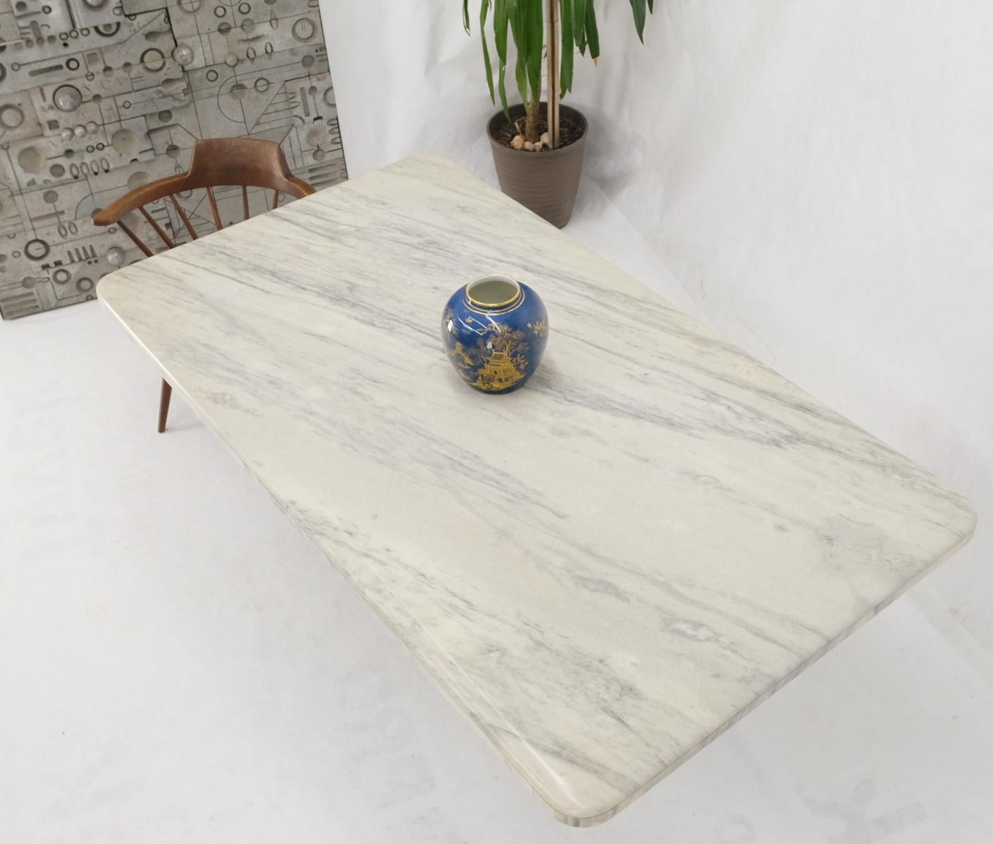 Grey & White Marble Rounded Corners Single Pedestal Dining Conference Table