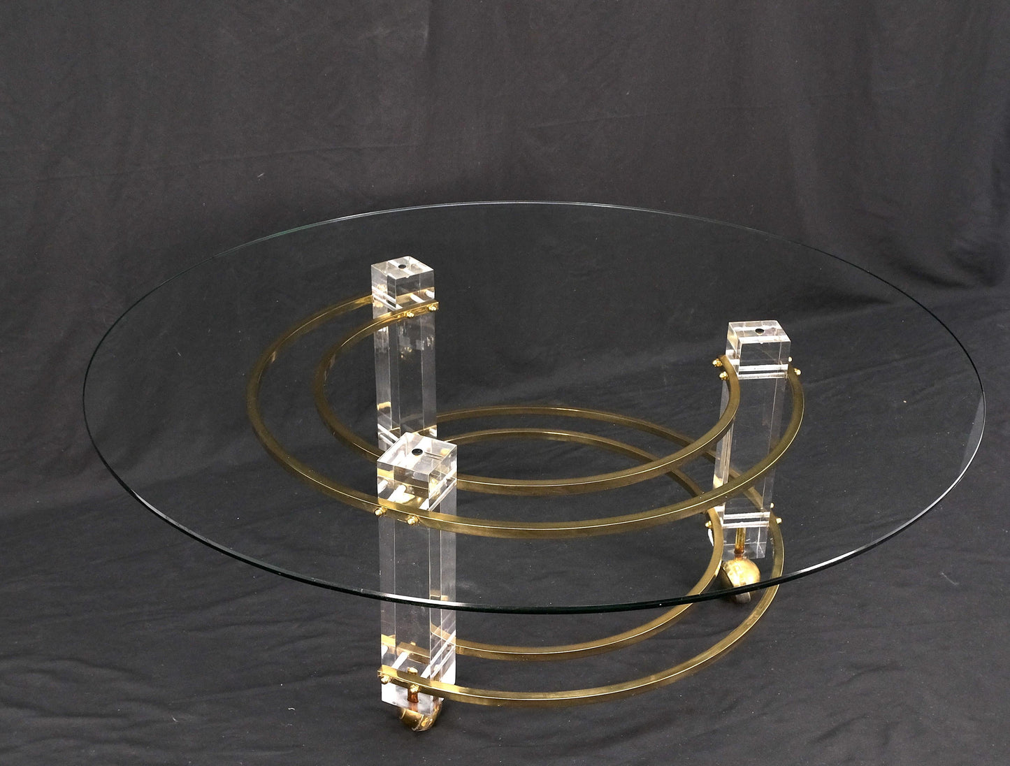 Polished Brass & Lucite Base Round Midcentury Coffee Table on Wheels Mint!