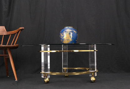 Polished Brass & Lucite Base Round Midcentury Coffee Table on Wheels Mint!