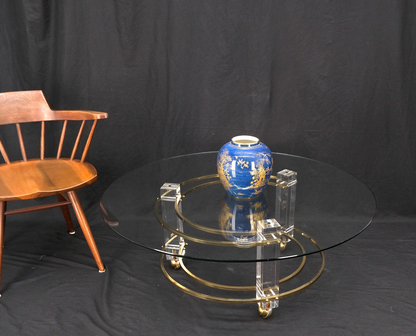 Polished Brass & Lucite Base Round Midcentury Coffee Table on Wheels Mint!